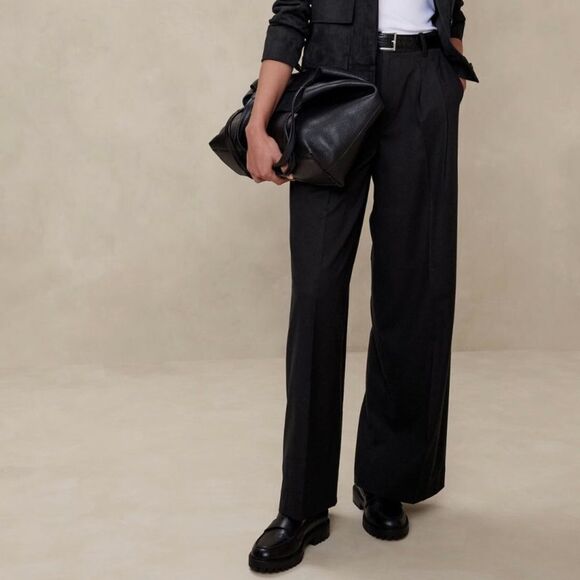 BANANA REPUBLIC Wide-Leg Flannel Trouser Pant, Black, Size 14 NWT $100 - Picture 1 of 7